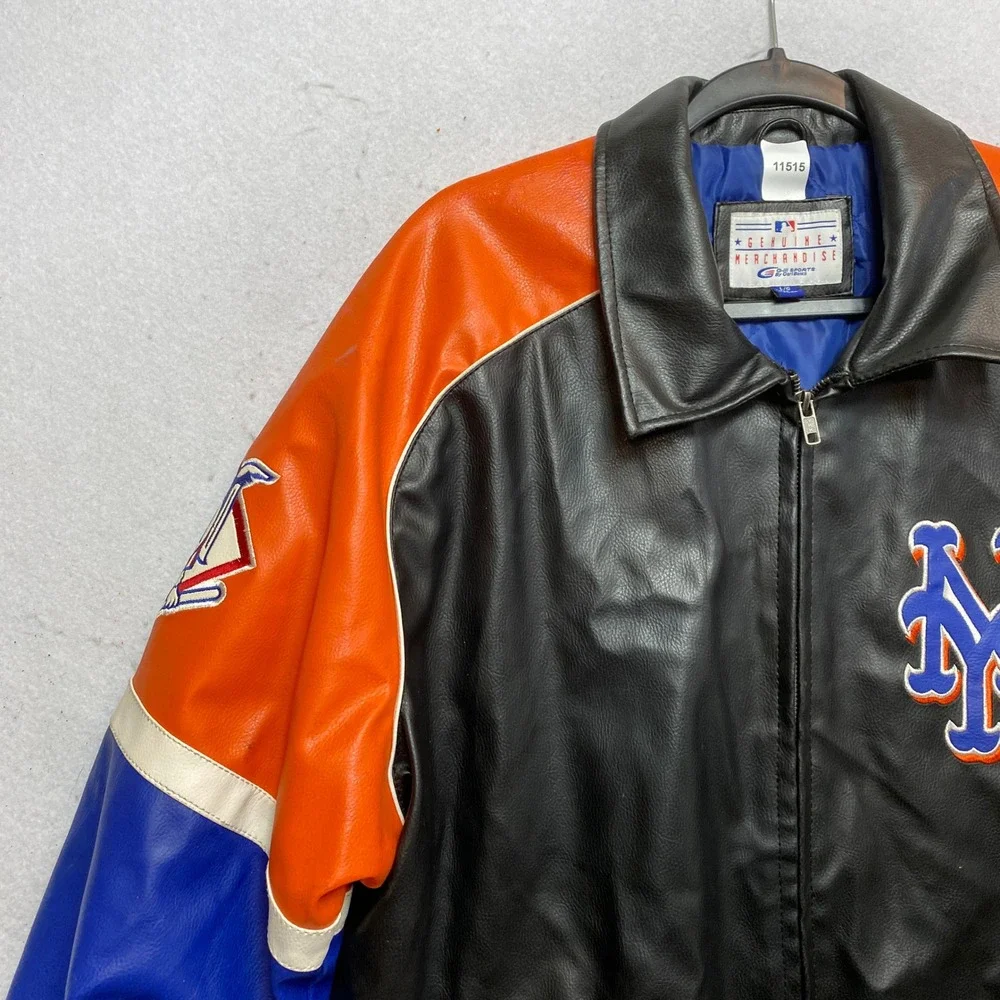 New York Mets Jacket Mens Large Black Faux Leather Varsity Bomber G-III Sports